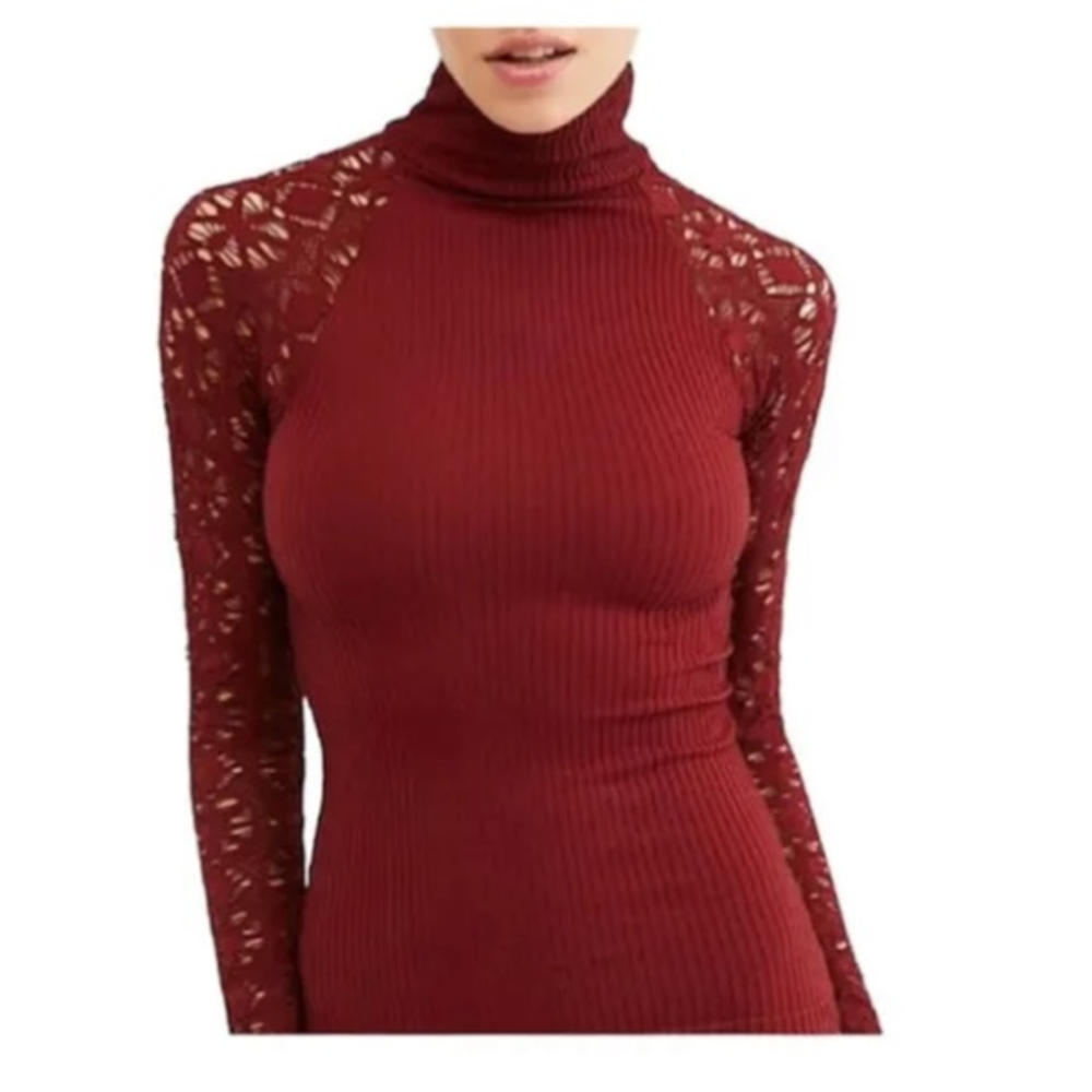 Free‎ People Womens Long Sleeve Seamless Top Rib And Lace Turtleneck XS/S